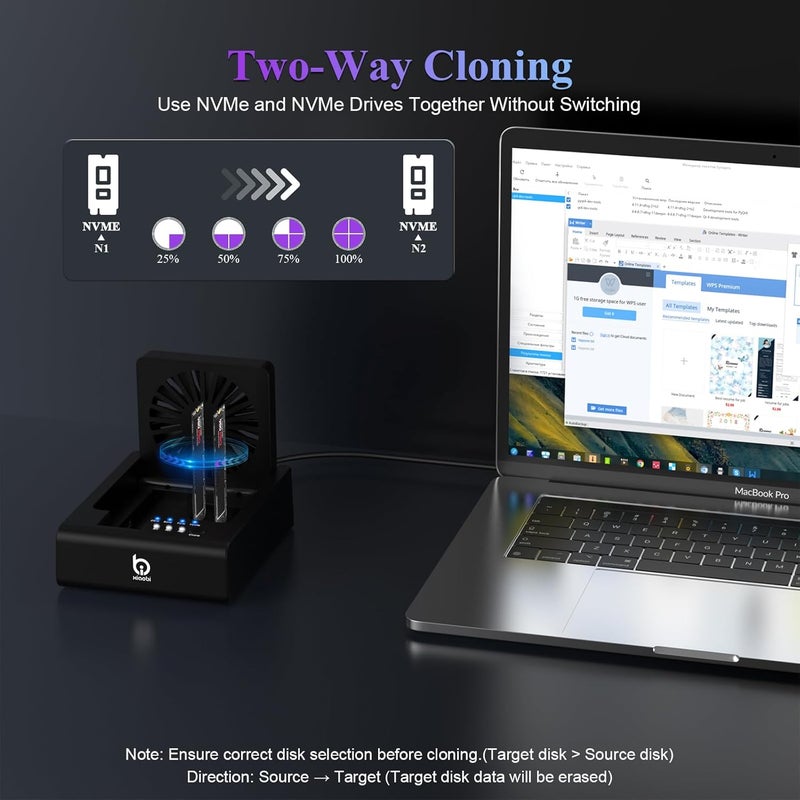 xiaobi M.2 NVMe & SATA Hard Drive Docking Station, USB C 10Gbps Hard Drive cloner for M.2 PCIe NVMe + SATA 2.5”/3.5” HDD Converter, Offline Cloning, Tool-Free, Cooling Fan - Image 4